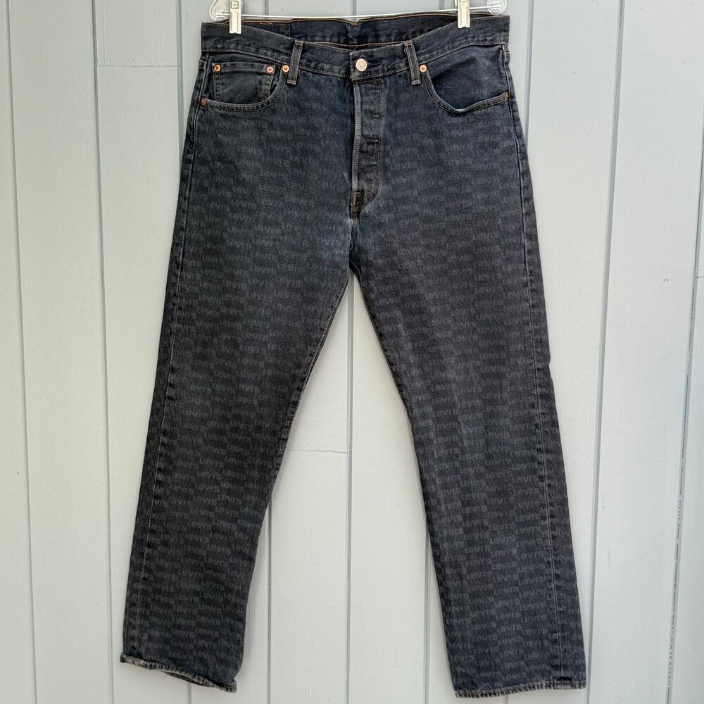 Levis Premium Banner Print Jeans Mens All Over Logo Graphic Blue 34x30 RARE